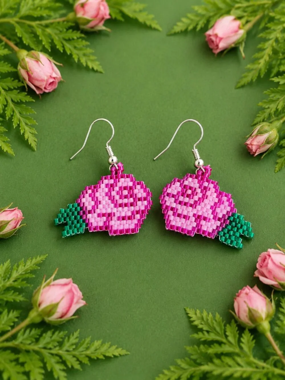 Handcrafted Pink Rose Beaded Earrings 🌸✨